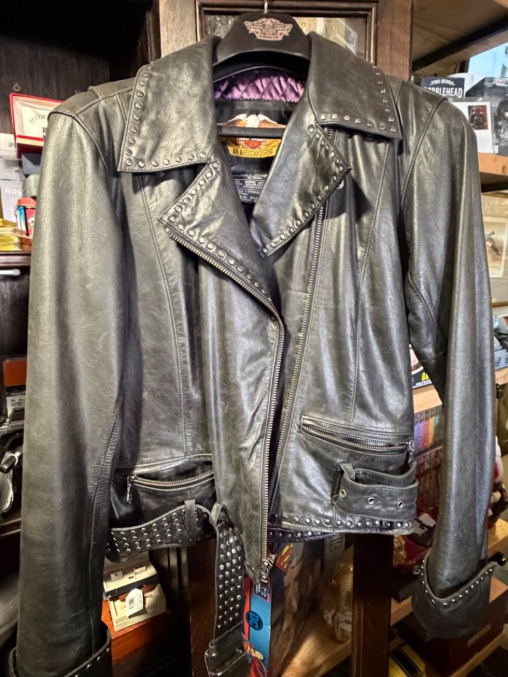 Harley-Davidson Women's Black Leather Studded Biker Jacket Purple Lining Size S